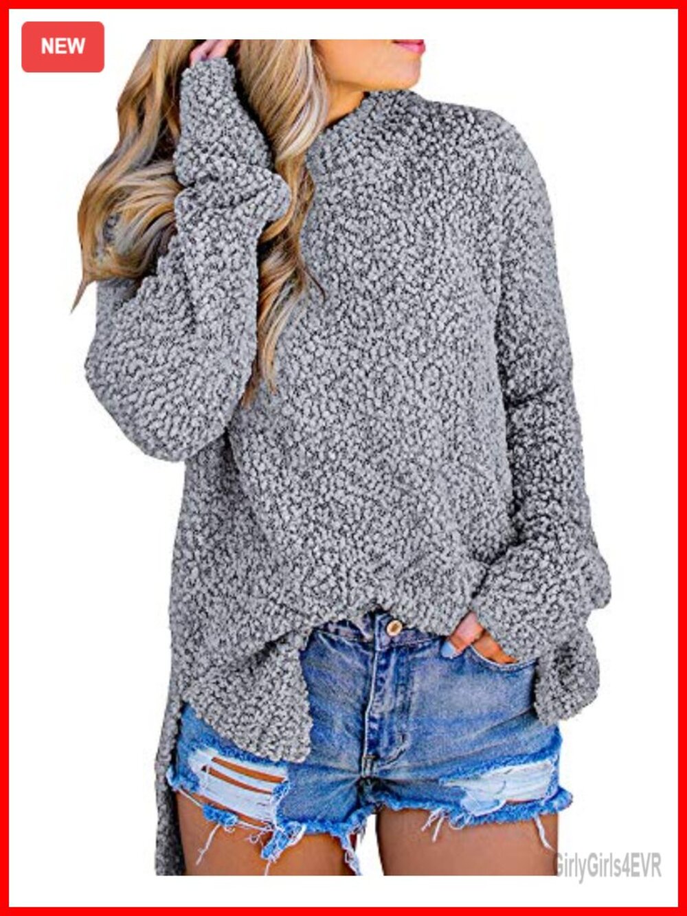 Fuzzy Knitted Sherpa Fleece Pullover Sweater Side Slit Crew Neck
